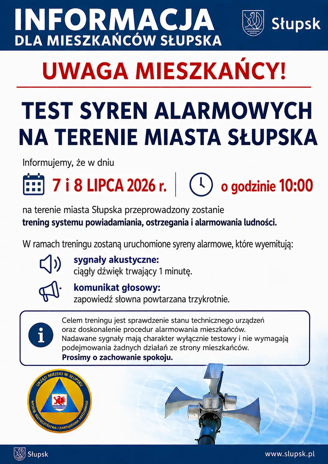 Zaplanowany test syren alarmowych i ALERT RCB w Słupsku